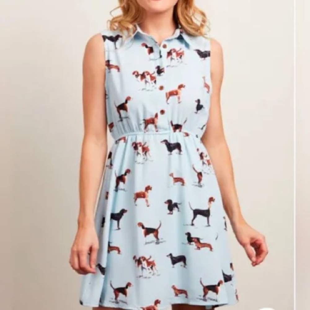 🐶 LaVieLente Sleeveless Dog Print Shirt Dress Light Blue Collared Mini Size XXL - Picture 2 of 15